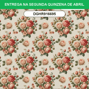 TECIDO TRICOLINE EXCLUSIVO 100% ALGODÃO - HORTÊNSIAS E ROSAS - FLORAL - DGHR916695