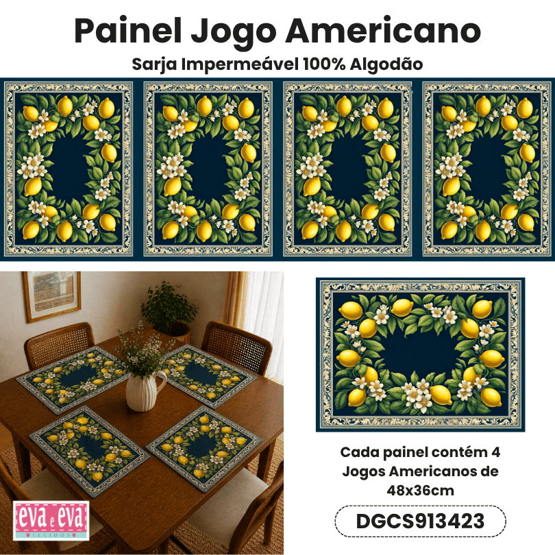 Tecido Painel em Sarja Impermeável 100% Algodão | 4 Jogos Americanos | Frutas Limão - Charme Siciliano | DGCS913423
