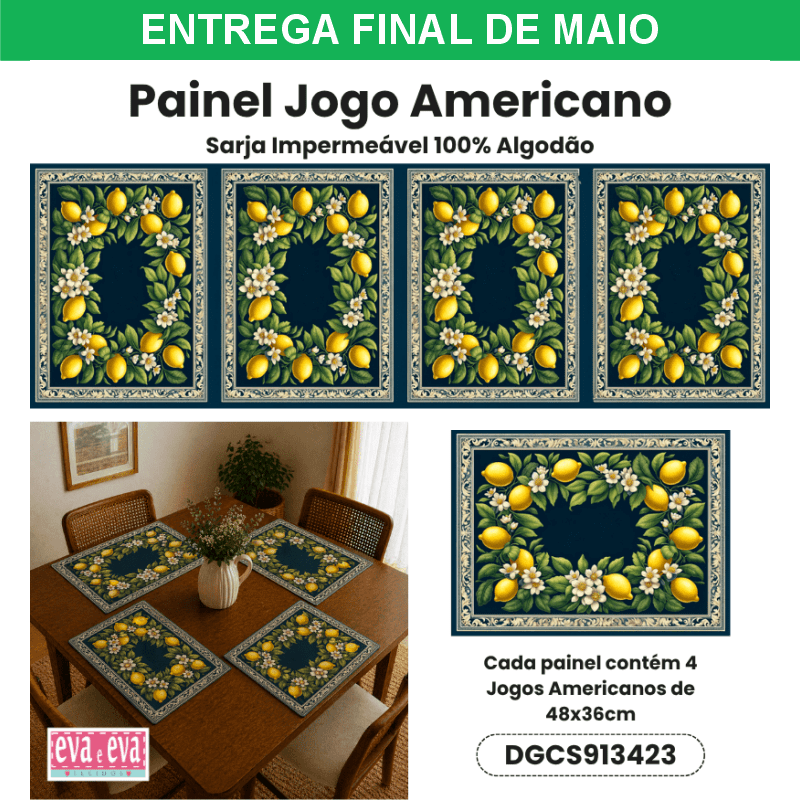 Tecido Painel em Sarja Impermeável 100% Algodão | 4 Jogos Americanos | Frutas Limão - Charme Siciliano | DGCS913423