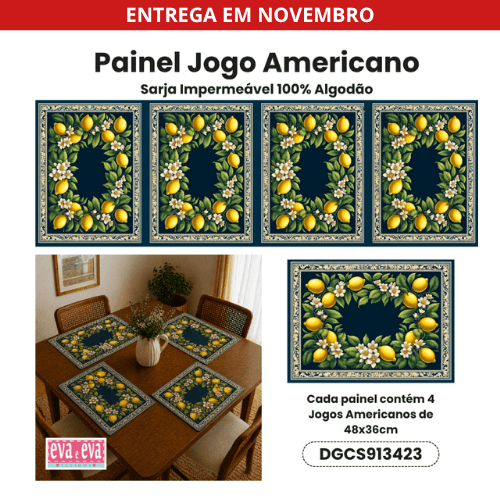 Tecido Painel em Sarja Impermeável 100% Algodão | 4 Jogos Americanos | Frutas Limão - Charme Siciliano | DGCS913423