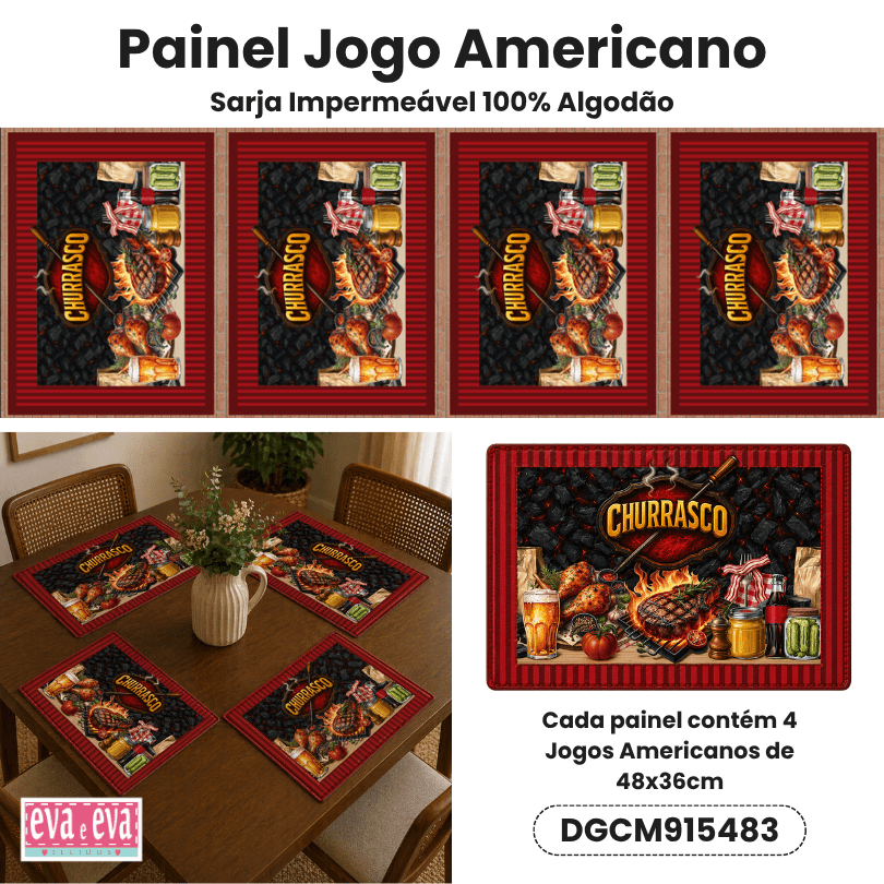 Tecido Painel em Sarja Impermeável 100% Algodão | 4 Jogos Americanos | Churrasco e Amigos | DGCM915483