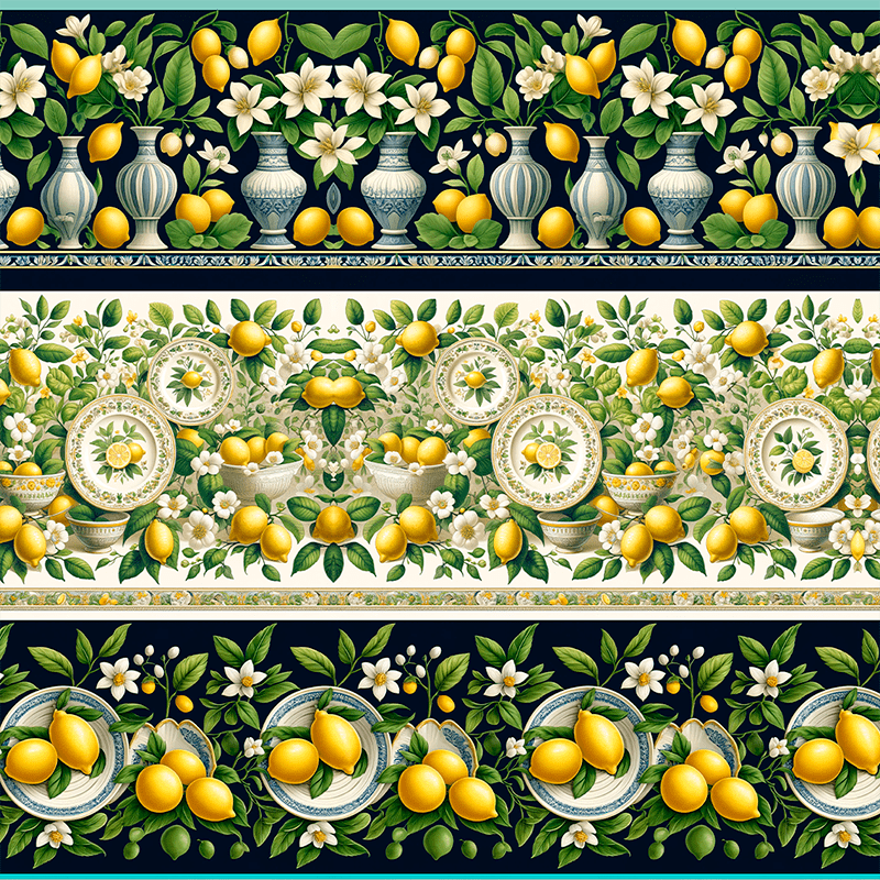 Explore a coleção Charme Siciliano com estampas elegantes de limões e flores. Ideal para costura criativa e decoração com sofisticação mediterrânea.