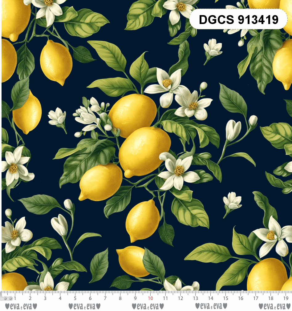 Explore a coleção Charme Siciliano com estampas elegantes de limões e flores. Ideal para costura criativa e decoração com sofisticação mediterrânea.