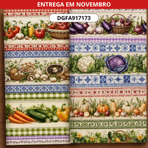 Tecido Tricoline Exclusivo Barrado de Legumes 100% Algodão – Feira da Fazenda DGFA917173