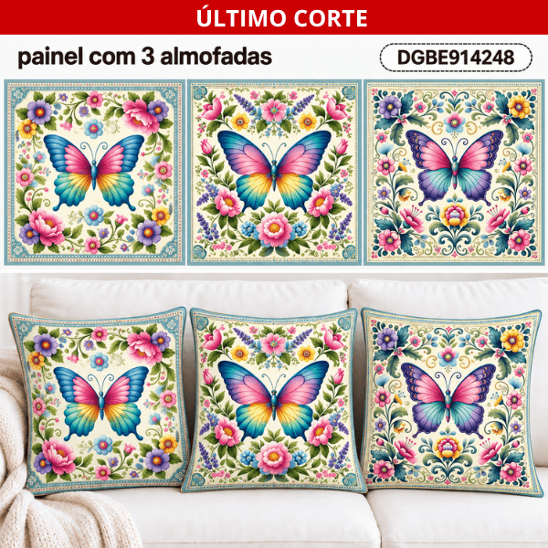 Tecido Tricoline 100% Algodão Painel com 3 Capas de Almofada Borboleta Floral Costura Criativa DIY - DGBE914248