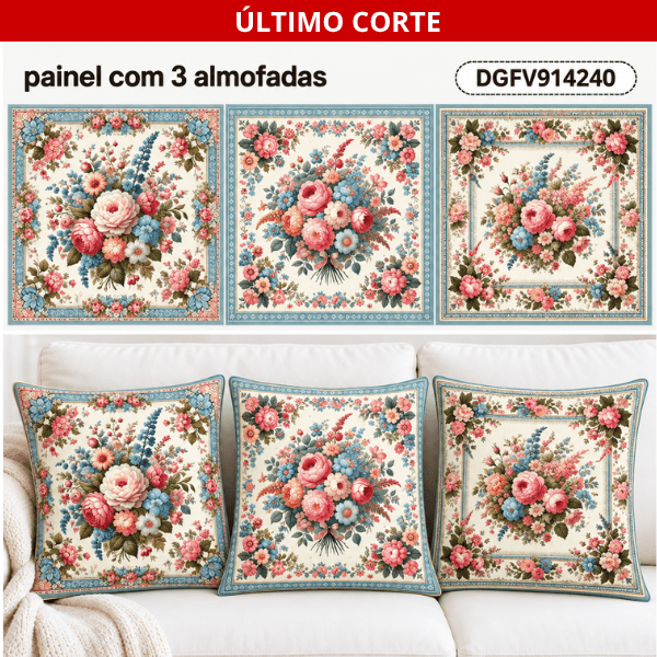 TECIDO TRICOLINE DIGITAL EXCLUSIVO 100% ALGODÃO- FLORES VINTAGE - CAPA DE ALMOFADA - DGFV914240
