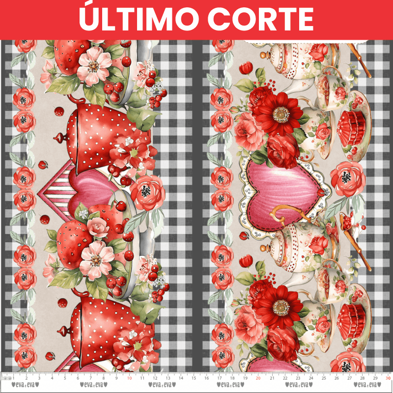 TECIDO TRICOLINE ESTAMPADO DIGITAL EXCLUSIVO 100% ALGODÃO - CHÁ COM AMOR - BARRADO - DGCA911395