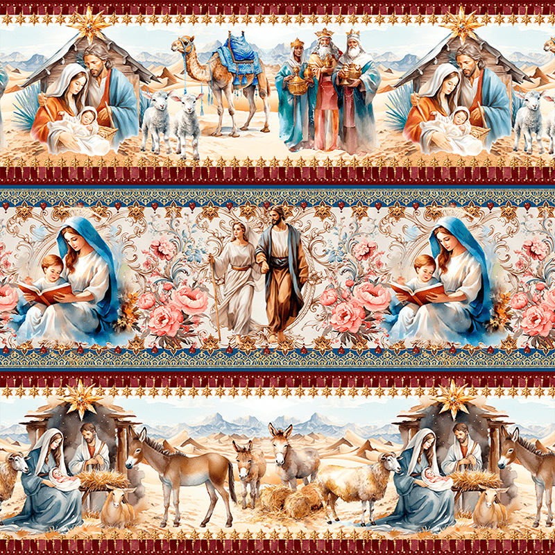 TECIDO TRICOLINE ESTAMPADO DIGITAL EXCLUSIVO 100% ALGODÃO -SAGRADA FAMILIA -BARRADO-DGSF913078