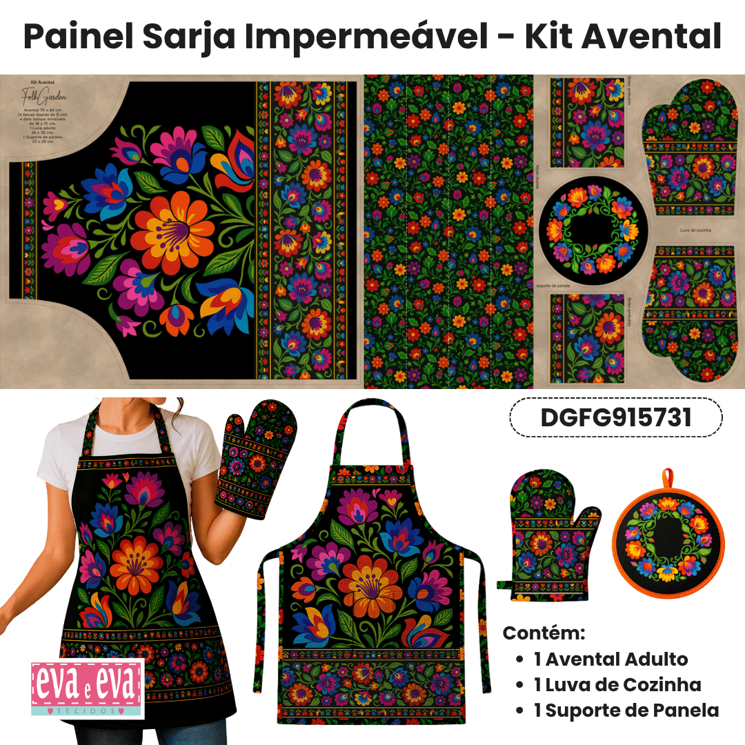 Tecido Painel Costura Criativa Kit Avental Sarja Impermeável 100% Algodão - FOLK GARDEN - DGFG915731