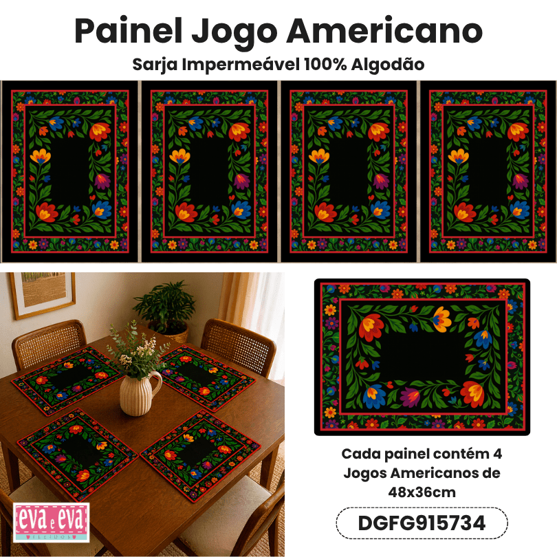 Tecido Painel em Sarja Impermeável 100% Algodão | 4 Jogos Americanos | Floral - Folk Garden | DGFG915734