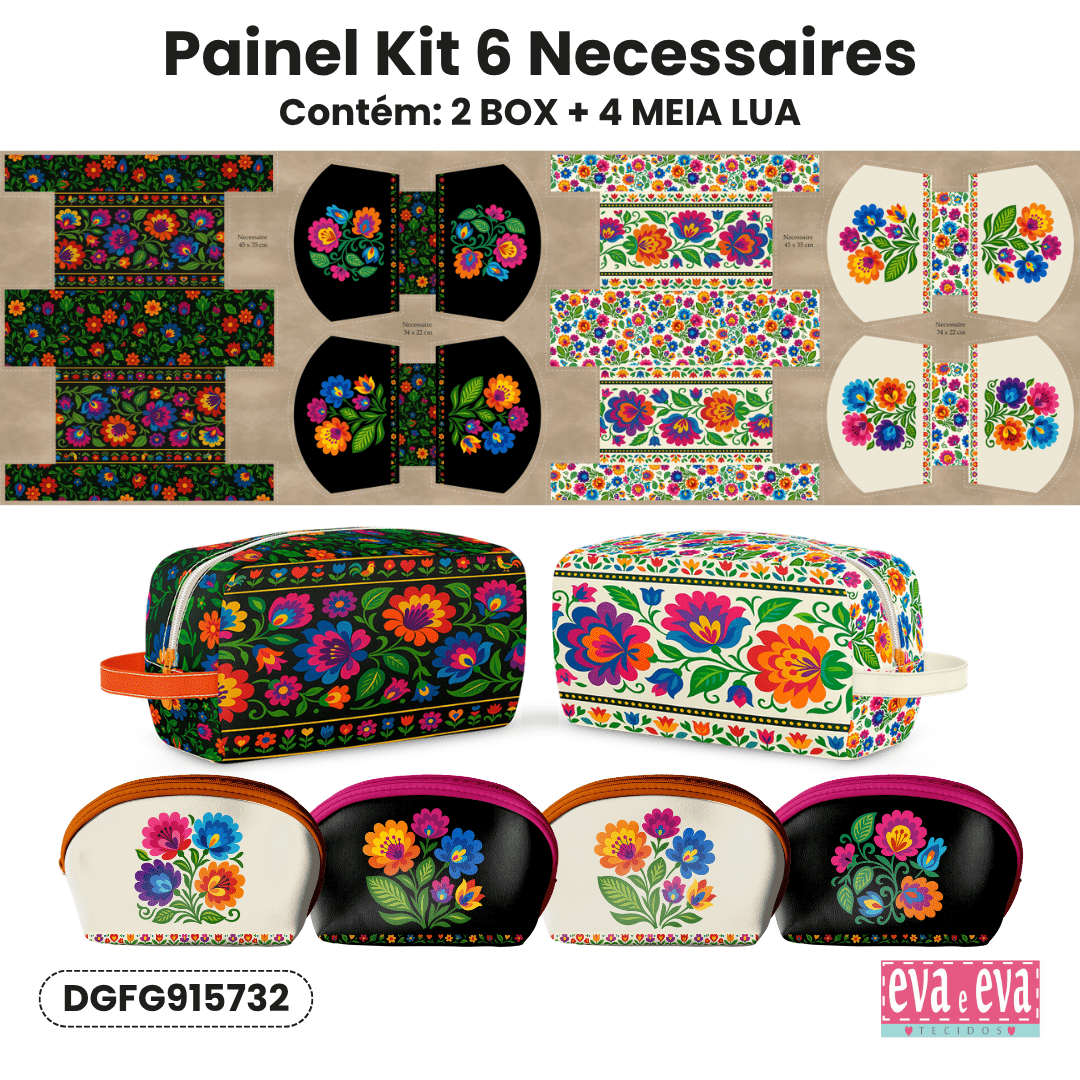 Tecido Painel Costura Criativa Kit 6 Necessaire Sarja Impermeável 100% Algodão - FOLK GARDEN DGFG915732