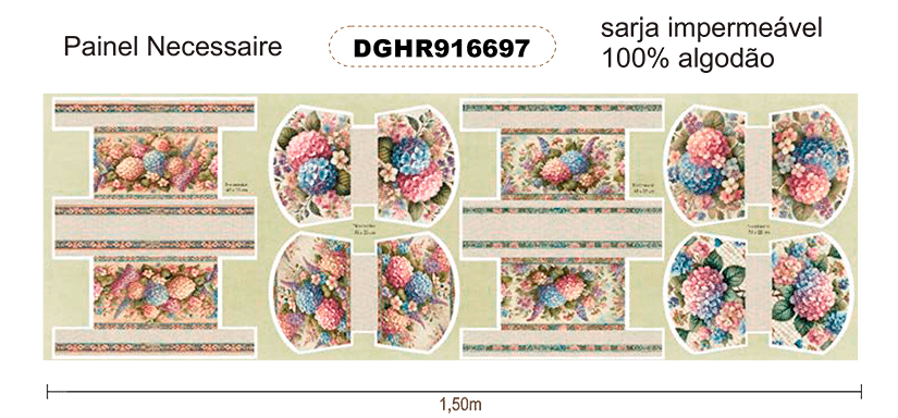 TECIDO SARJA IMPERMEAVEL EXCLUSIVO 100% ALGODÃO- HORTÊNSIAS E ROSAS - NECESSAIRE FLORAL -DGHR916697