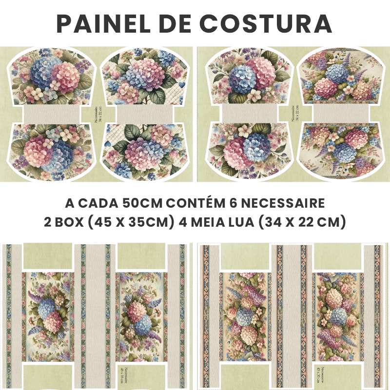 TECIDO SARJA IMPERMEAVEL EXCLUSIVO 100% ALGODÃO- HORTÊNSIAS E ROSAS - NECESSAIRE FLORAL -DGHR916697