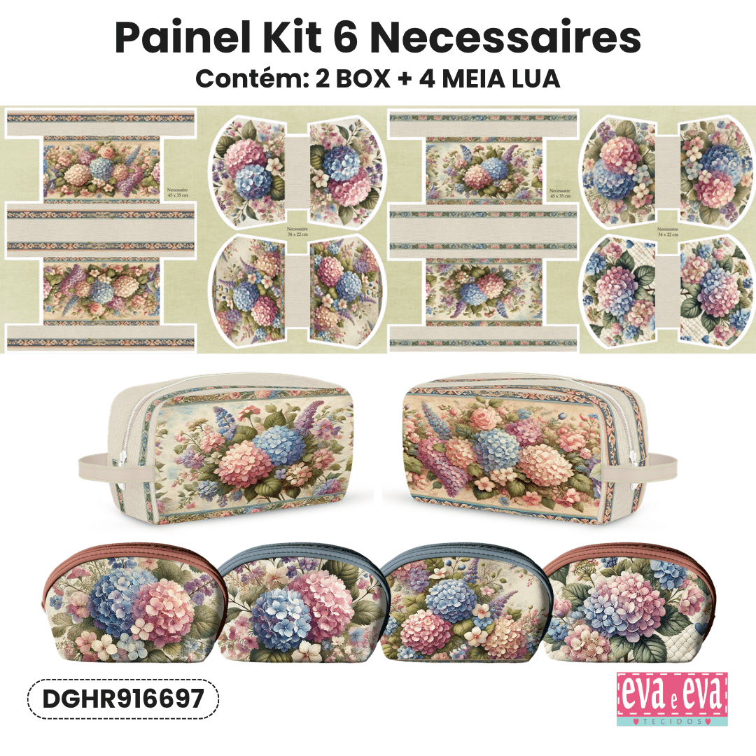 PAINEL EM TECIDO DE SARJA IMPERMEÁVEL 100% ALGODÃO COM 6 NECESSAIRES - HORTÊNCIAS E ROSAS DGHR916697