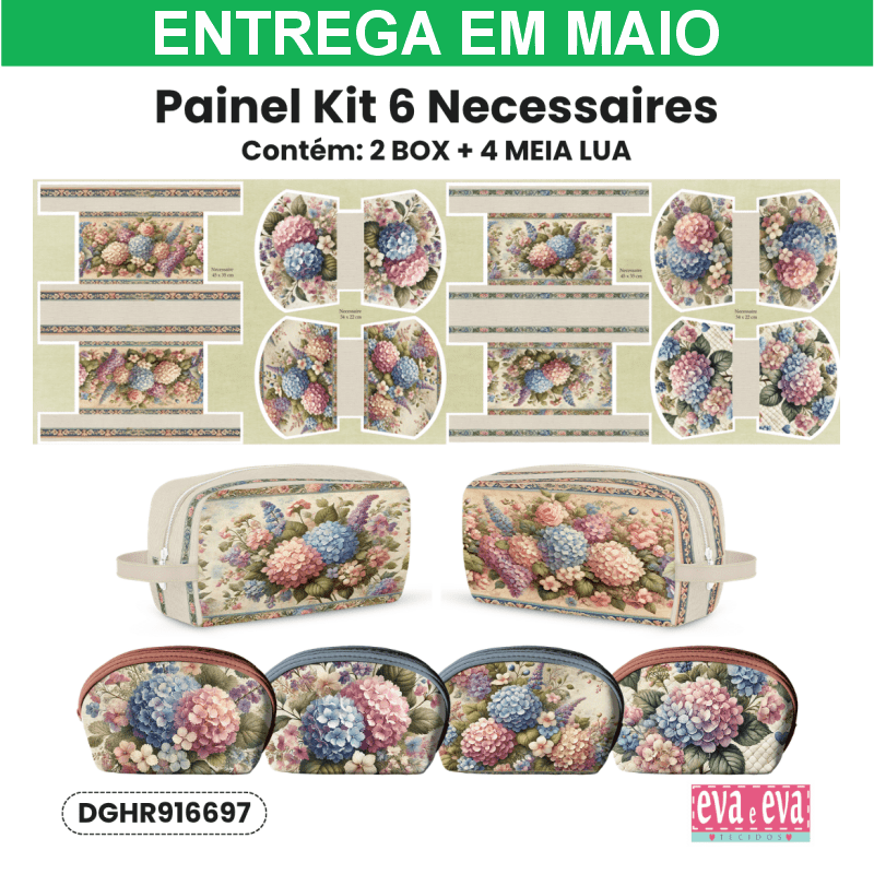 Tecido Painel Costura Criativa Kit 6 Necessaire Sarja Impermeável 100% Algodão - HORTÊNCIAS E ROSAS DGHR916697