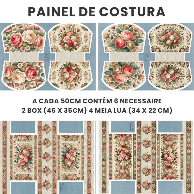 TECIDO SARJA IMPERMEAVEL EXCLUSIVO 100% ALGODÃO- HORTÊNSIAS E ROSAS - NECESSAIRE FLORAL -DGHR916698