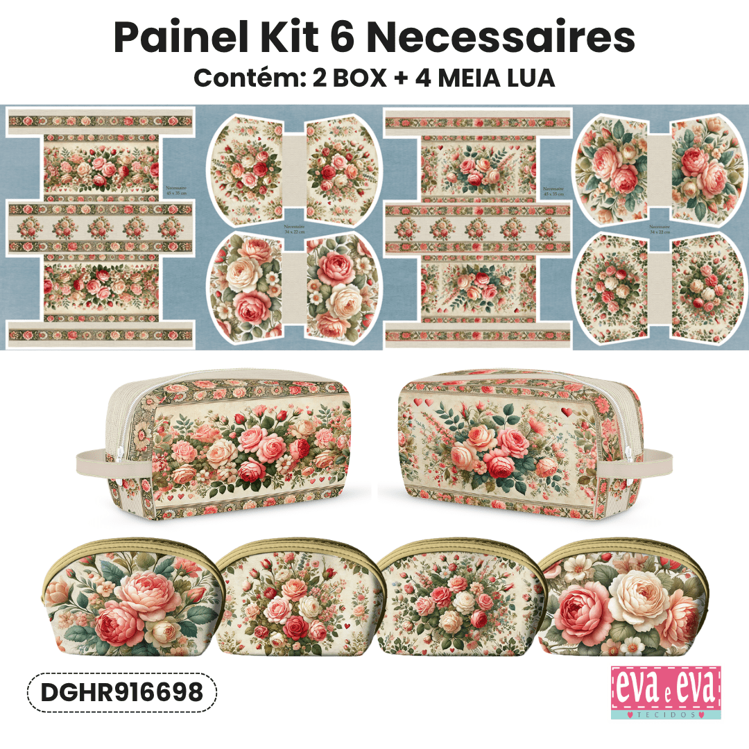 Tecido Painel Costura Criativa Kit 6 Necessaire Sarja Impermeável 100% Algodão - HORTÊNCIAS E ROSAS DGHR916698