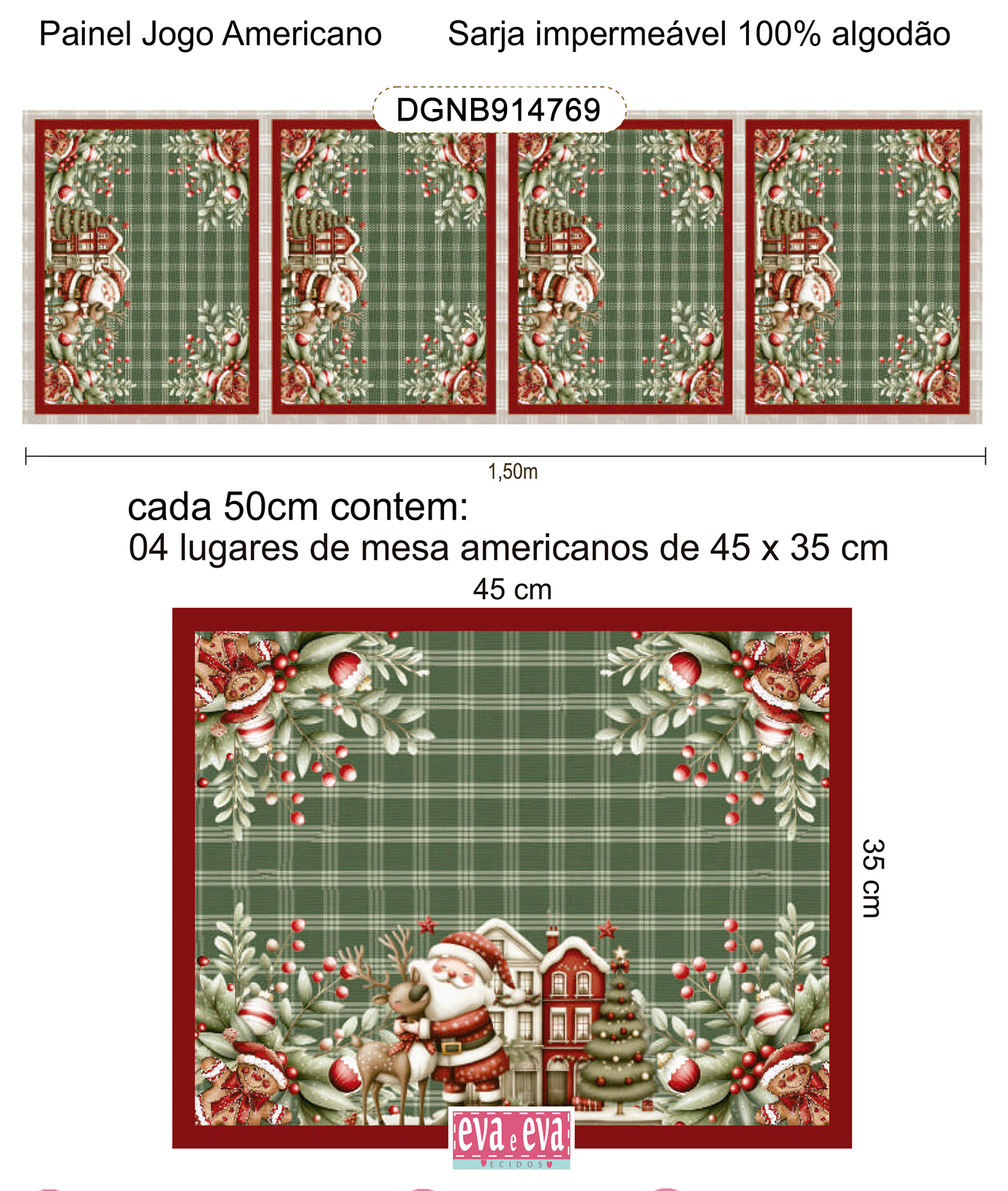 TECIDO SARJA IMPERMEÁVEL EXCLUSIVO 100% ALGODÃO- NATAL NO BOSQUE - JOGO AMERICANO NATAL - DGNB914769