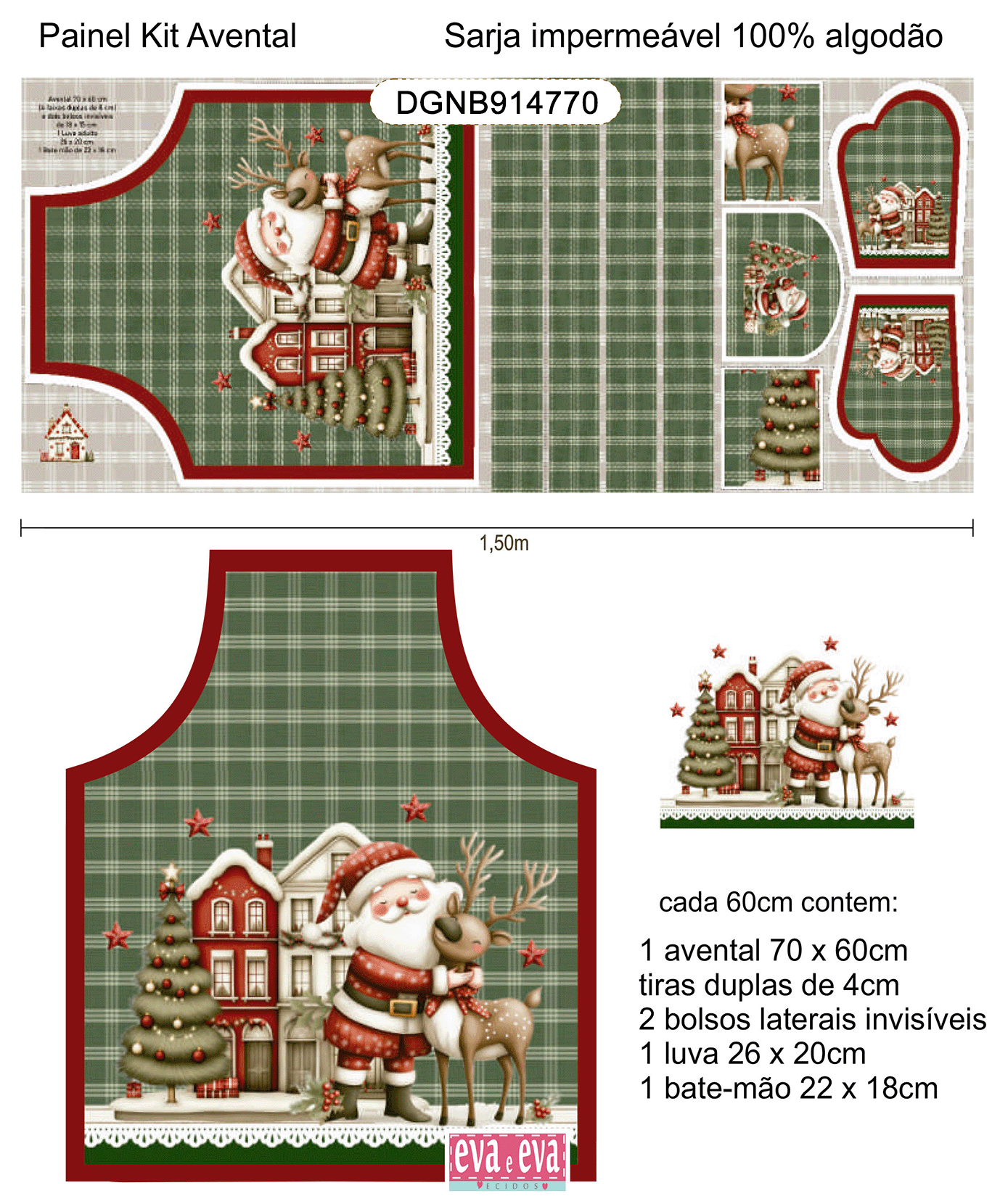 TECIDO SARJA IMPERMEÁVEL EXCLUSIVO 100% ALGODÃO - NATAL NO BOSQUE - KIT AVENTAL NATAL - DGNB914770