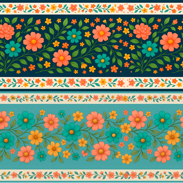 TECIDO TRICOLINE EXCLUSIVO 100% ALGODÃO - CAMINHO DAS FLORES - BARRADO FLORAL - DGCF915299