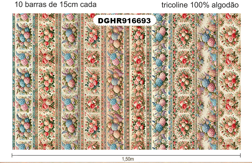 TECIDO TRICOLINE EXCLUSIVO 100% ALGODÃO - HORTÊNSIAS E ROSAS - BARRADO FLORAL - DGHR916693
