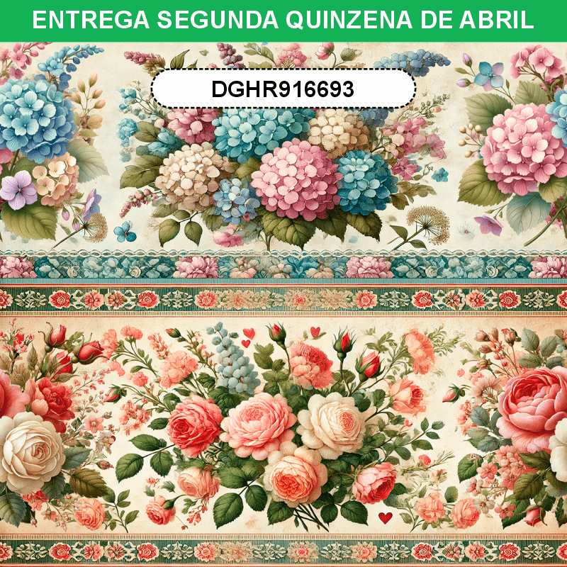 TECIDO TRICOLINE EXCLUSIVO 100% ALGODÃO - HORTÊNSIAS E ROSAS - BARRADO FLORAL - DGHR916693