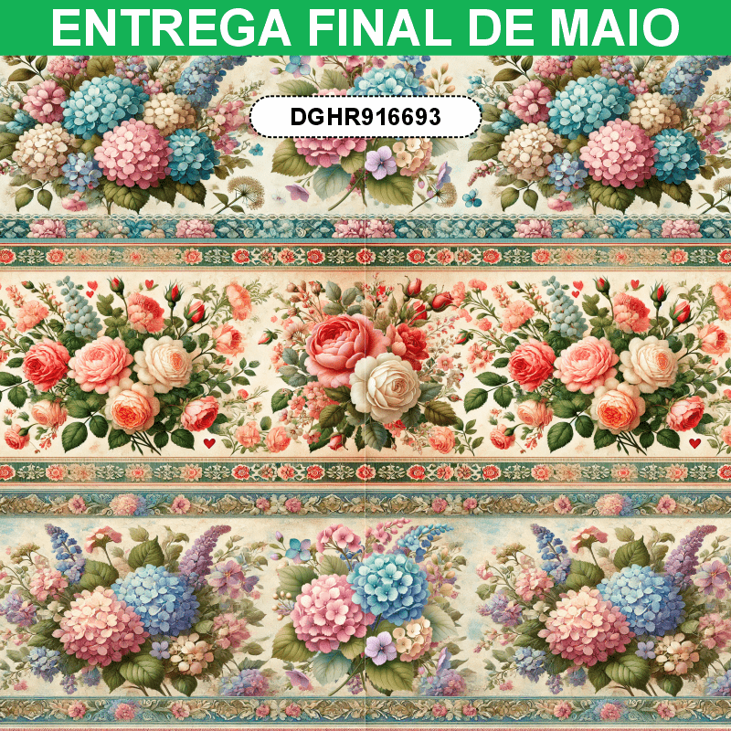 TECIDO TRICOLINE EXCLUSIVO 100% ALGODÃO - HORTÊNSIAS E ROSAS - BARRADO FLORAL - DGHR916693