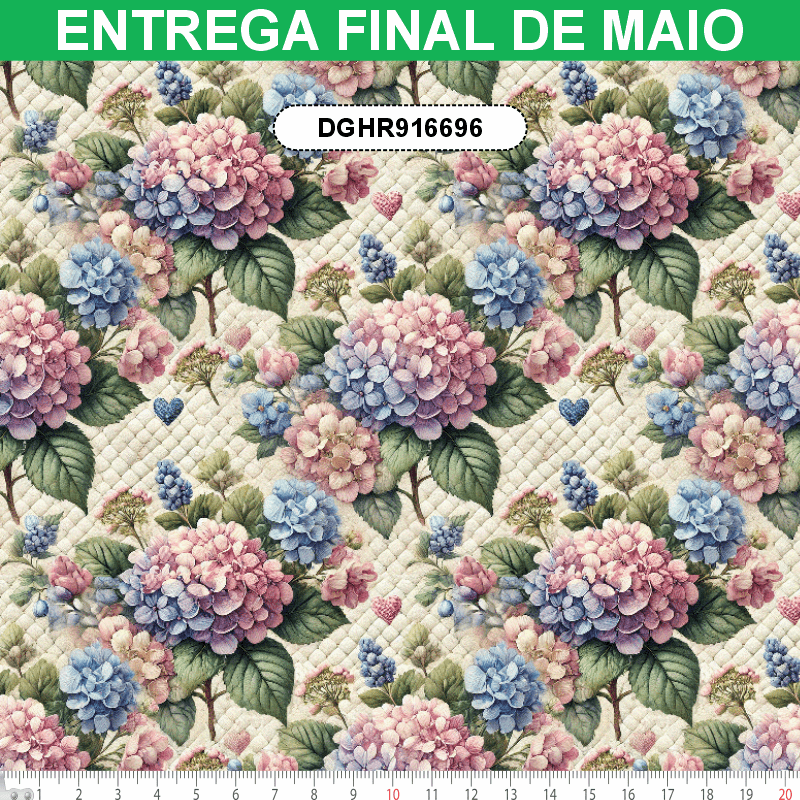 TECIDO TRICOLINE EXCLUSIVO 100% ALGODÃO - HORTÊNSIAS E ROSAS - FLORAL - DGHR916696