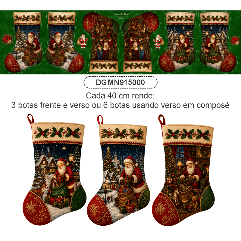 TECIDO TRICOLINE EXCLUSIVO 100% ALGODÃO - MAGIA DE NATAL - BOTAS DE NATAL - DGMN915000